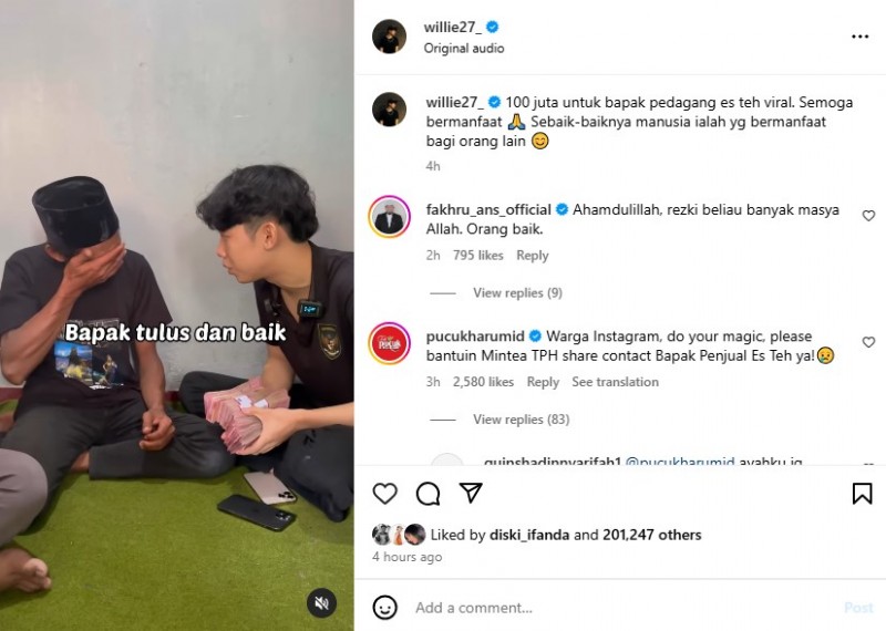 Foto Tangkapan Layar Momen Haru saat Willie Salin Mendonasikan Rp 100 Juta kepada Sunhaji